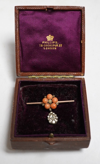 A Victorian coral, paste and seed pearl bar brooch, unmarked. Condition - some wear to the stones, otherwise fair